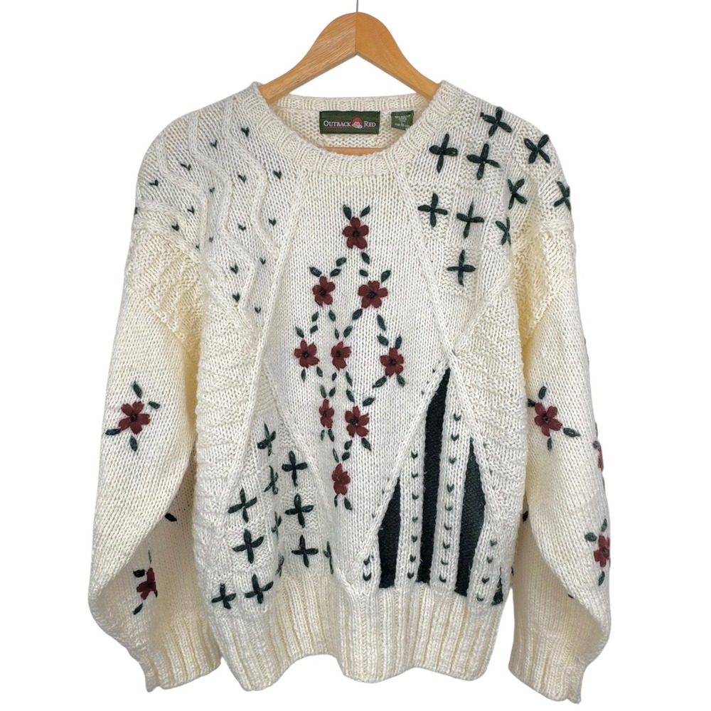 Vintage Outback Red Sweater Womens L Floral Hearts Grandma Embroidered Chunky‎